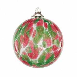 A round glass Christmas ornament with a red and green marbled pattern on a white background, featuring a hanging loop at the top.
