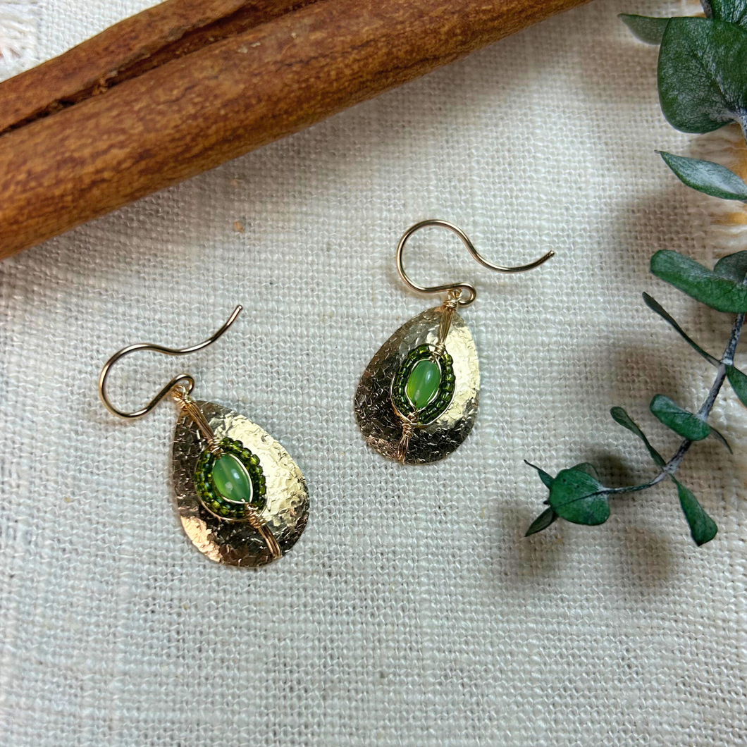 Green Apatite Hammered Gold Teardrop Earrings