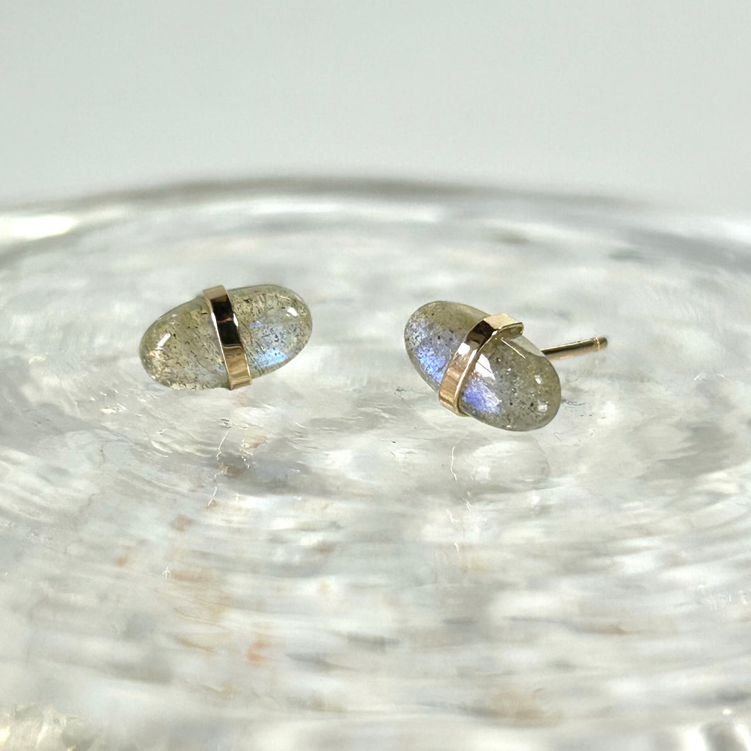 14k Gold Bezel Wrapped Labradorite Stud Earrings