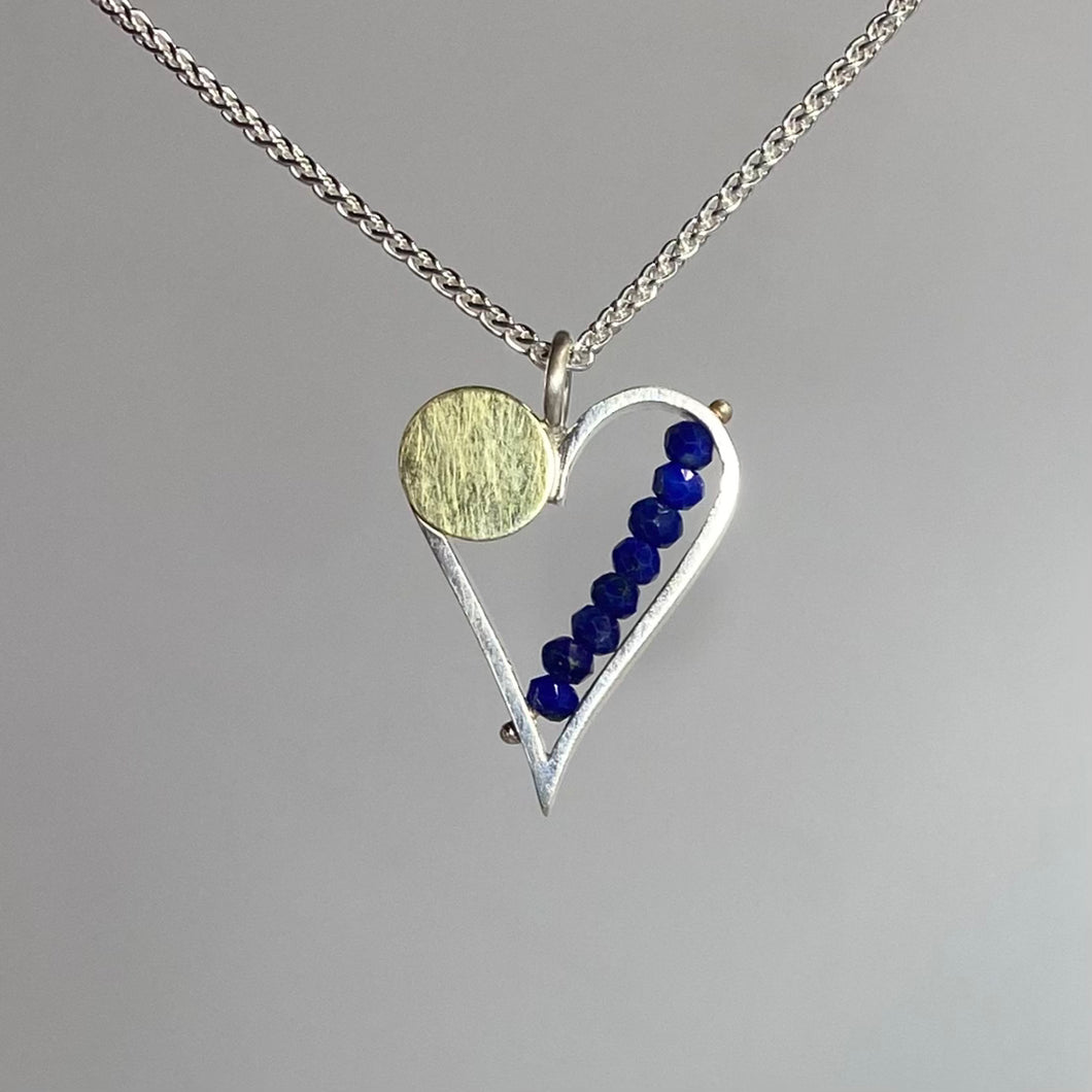 Heart Necklace with Lapis Semiprecious Beads and an 18k Bimetal Dot