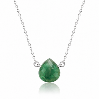 A silver chain necklace featuring a faceted green teardrop-shaped gemstone pendant, displayed against a clean white background with a soft reflection below.