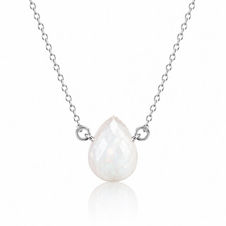 A silver chain necklace featuring a faceted teardrop-shaped white opal pendant, displayed against a clean white background with a soft reflection below.