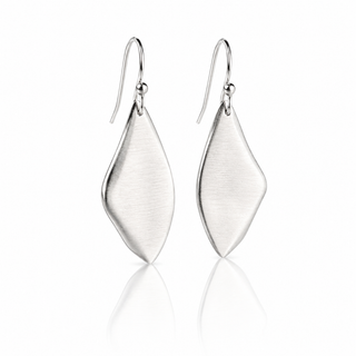 A pair of silver teardrop-shaped drop earrings with a brushed finish and fishhook wires, displayed on a clean white background with a soft reflection below.
