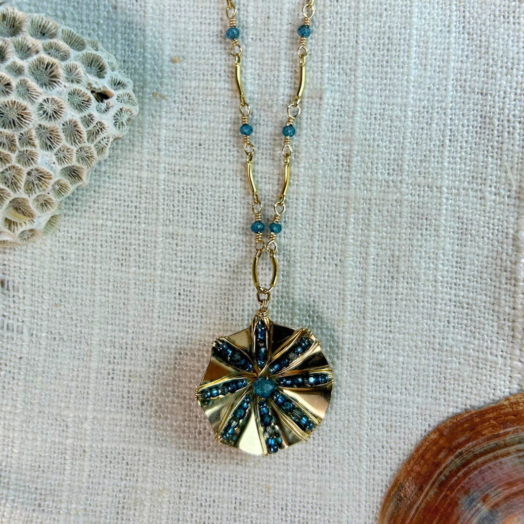 Smokey Sapphire and Quartz Ruffle Gold Necklace