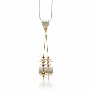 A modern geometric pendant necklace featuring a silver-toned textured cap and a matching textured teardrop pendant, suspended by gold-toned wires with small gold beads, on a white background with a soft reflection.