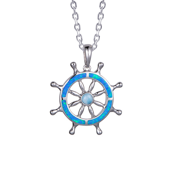 Larimar and Opal Ships Wheel  Pendant