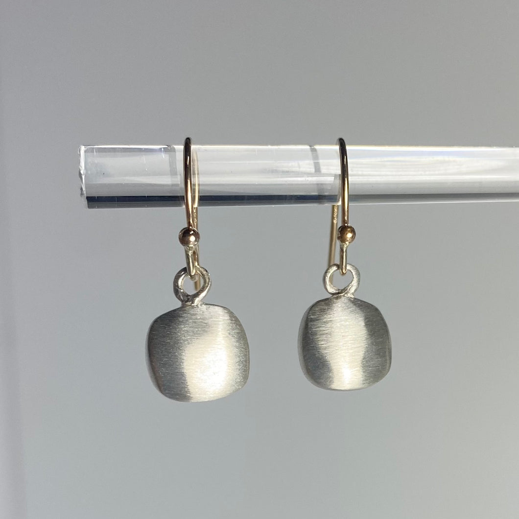 Puffy Square Sterling Silver Earrings on Gold Earring Wire