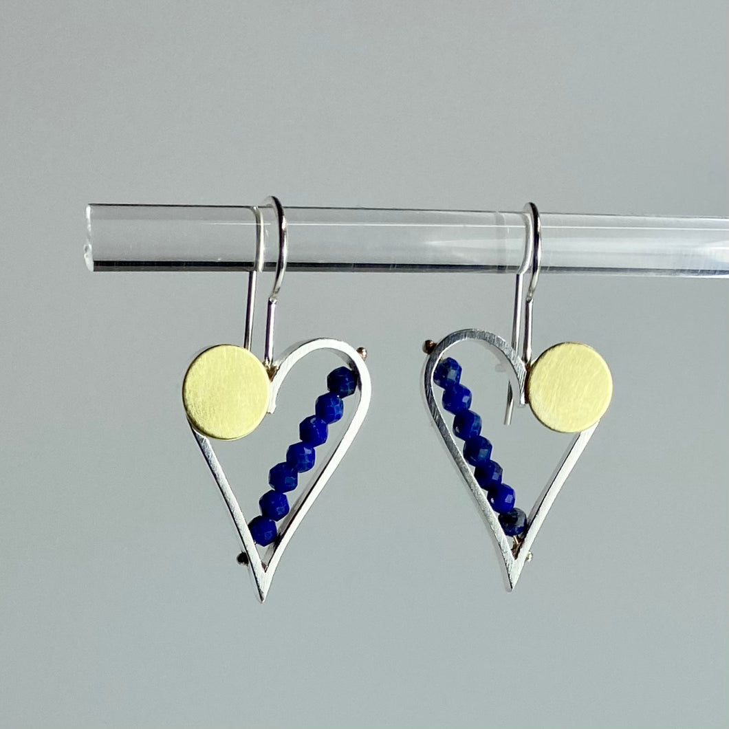 Heart Earrings with 18k Bimetal Dot and Lapis Semiprecious Beads