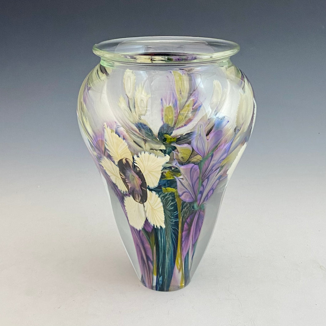 Large White and Purple Clematis Paperweight Vase with Purple Gladiola
