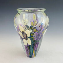 Load image into Gallery viewer, Large White and Purple Clematis Paperweight Vase with Purple Gladiola
