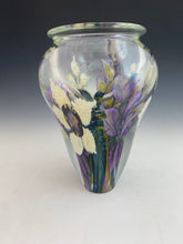 Load image into Gallery viewer, Large White and Purple Clematis Paperweight Vase with Purple Gladiola
